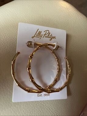 Lilly Pulitzer Shiny Gold Bamboo-Forest large Hoop Earrings! New! Gorgeous!